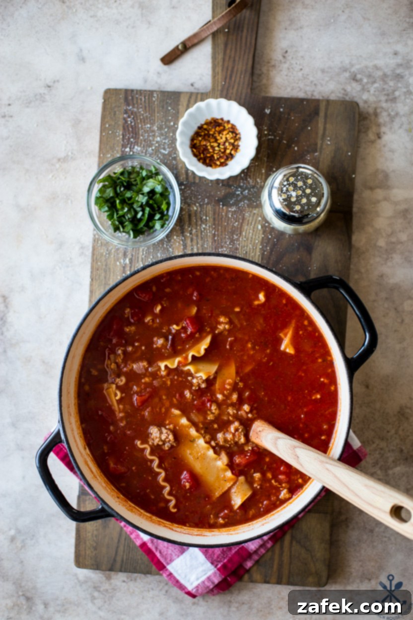 Hearty Lasagna Soup 8 Overhead photo of a pot of lasagna soup with a single serving spoon