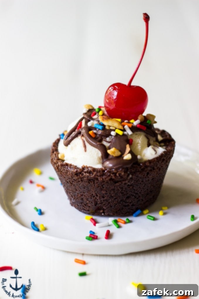 Casey's Fudgy Brownie Sundae Cups 5 Close-up of a finished Brownie Sundae Cup with all toppings