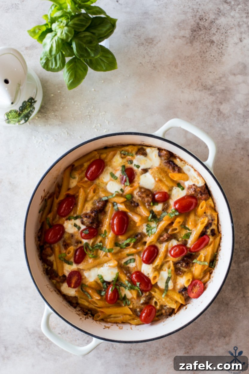Italian Sausage & Pasta Frittata 2 Overhead photo of a round baking dish filled with a vibrant Italian sausage pasta frittata, topped with fresh basil and grape tomatoes