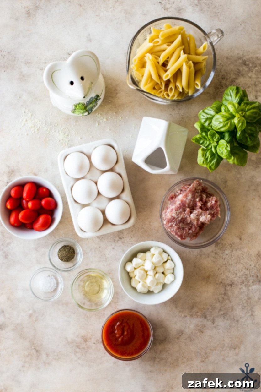 Italian Sausage & Pasta Frittata 4 Overhead photo of all fresh ingredients for a pasta frittata laid out on a wooden board: pasta, sausage, eggs, cheese, tomatoes, and basil