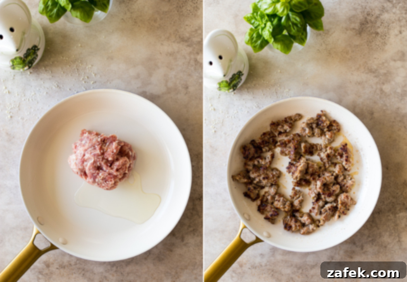 Italian Sausage & Pasta Frittata 6 Diptich of step 1: Italian sausage cooking in a skillet, being broken up with a wooden spoon