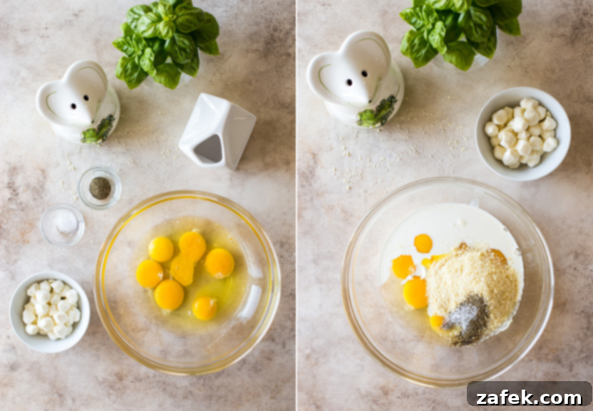 Italian Sausage & Pasta Frittata 7 Diptich of step 2: A bowl of whisked eggs with heavy cream and Parmesan, and fresh mozzarella pearls being added