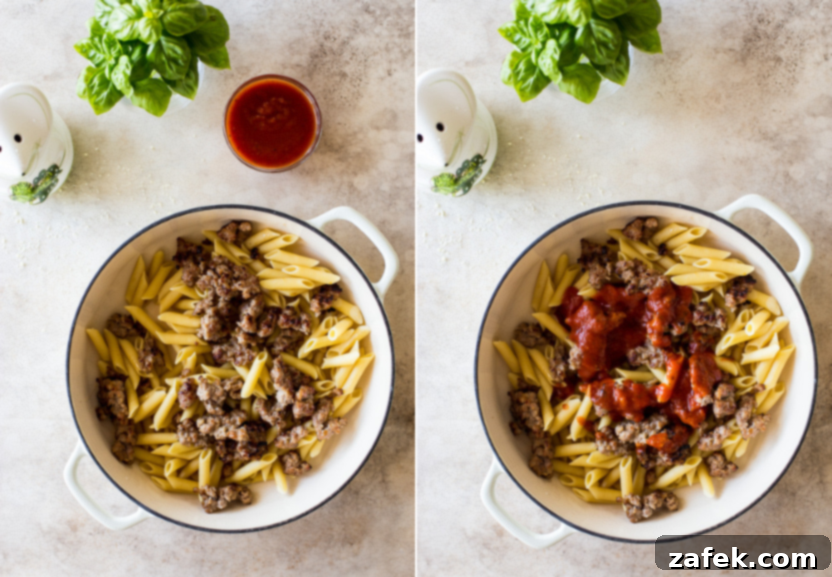 Italian Sausage & Pasta Frittata 9 Diptich of step 4: The egg mixture being poured evenly over the pasta and sausage in the skillet