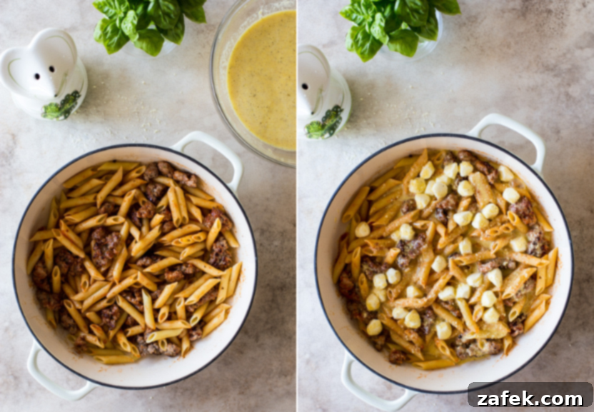 Italian Sausage & Pasta Frittata 10 Diptich of step 5: Grape tomato halves being artfully arranged over the partially set frittata before baking