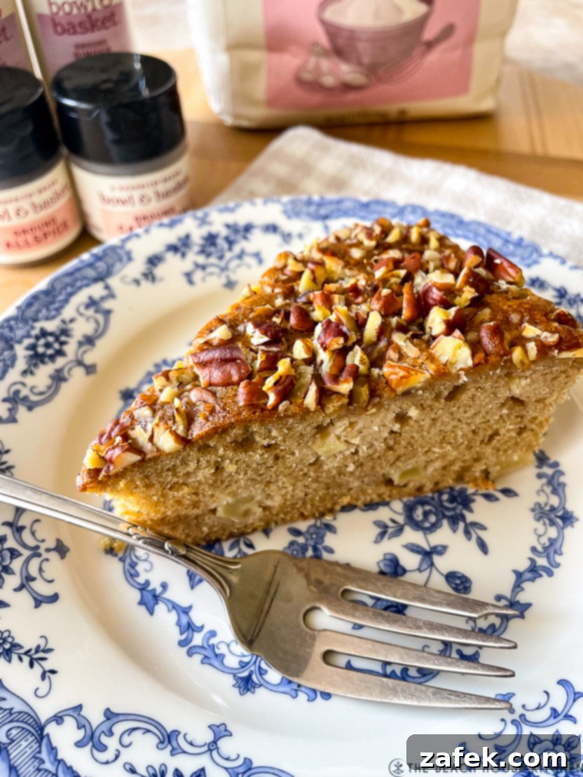 A beautifully presented slice of apple spice snack cake on a white plate, showcasing its moist texture and apple chunks.