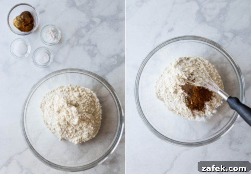 Diptych showing the dry ingredients being whisked together, a key first step for any baking recipe.