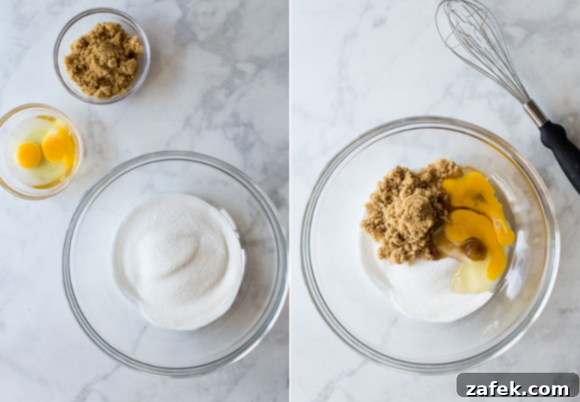 Diptych illustrating the wet ingredients being mixed, including sugars, eggs, oil, and applesauce.