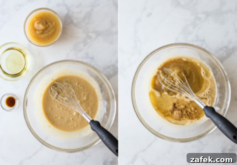 Diptych showing the combined wet ingredients, a smooth and well-incorporated base for the apple cake batter.