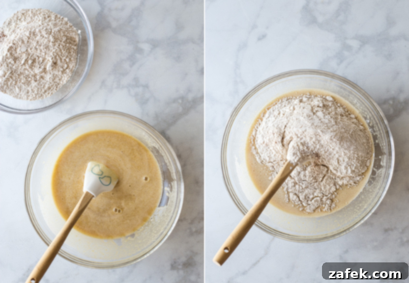 Diptych showing the addition of dry ingredients to wet, emphasizing the importance of gentle mixing.
