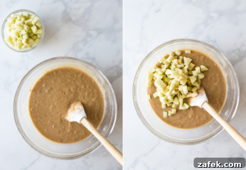 Diptych illustrating the final stage of batter preparation, with chopped apples folded in for flavor and texture.