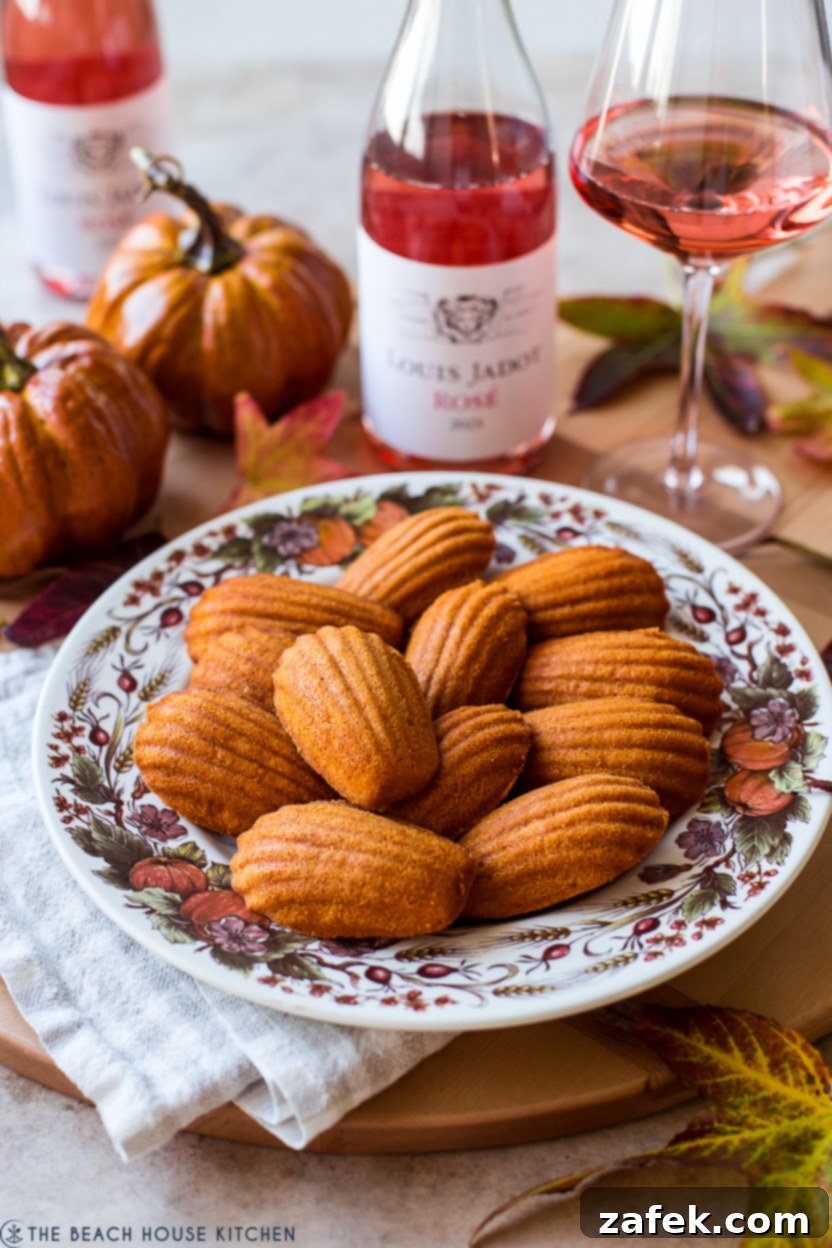 Autumn Spiced Pumpkin Madeleines 2 A beautifully arranged plate of freshly baked Pumpkin Madeleines next to a bottle and glass of French rosé wine, set in an inviting autumn scene.
