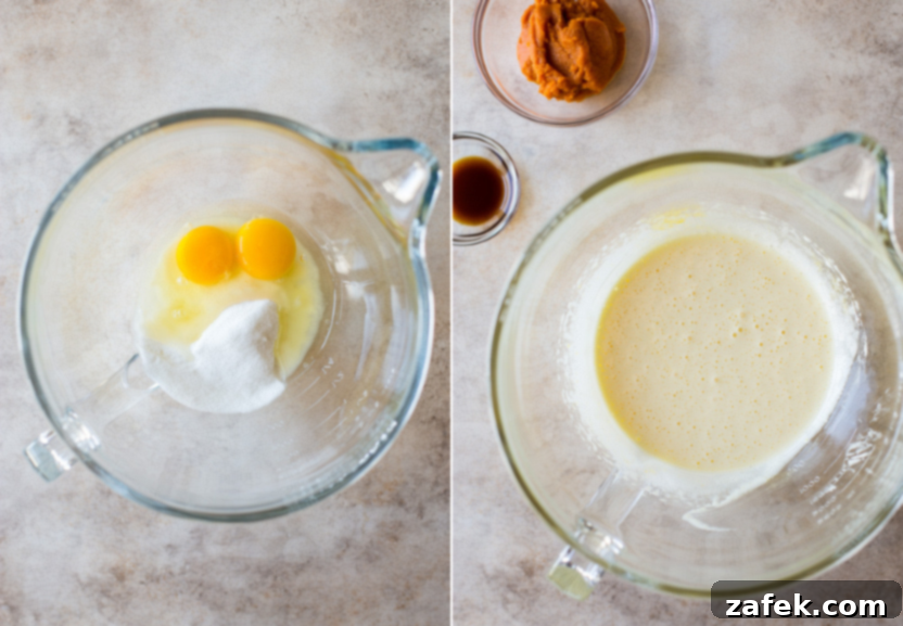 Autumn Spiced Pumpkin Madeleines 6 A diptych image showing the progression of egg and sugar mixture: one side shows pale yellow, airy whipped eggs and sugar, while the other shows the addition of pumpkin puree, highlighting key steps in making Pumpkin Madeleines.