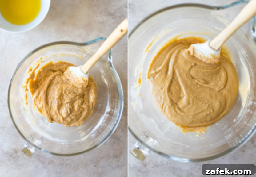 Autumn Spiced Pumpkin Madeleines 7 A diptych photo illustrating the careful folding of dry ingredients into the pumpkin Madeleine batter on one side, and the gentle incorporation of cooled melted butter into the finished batter on the other, showcasing the final stages of batter preparation.