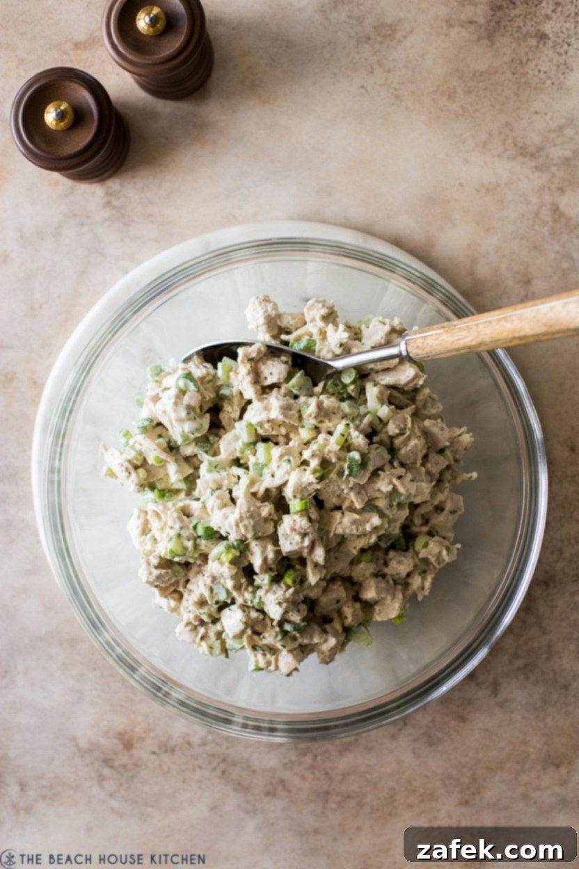 Up close overhead photo of a bowl of classic chicken salad, perfectly garnished and ready to serve.