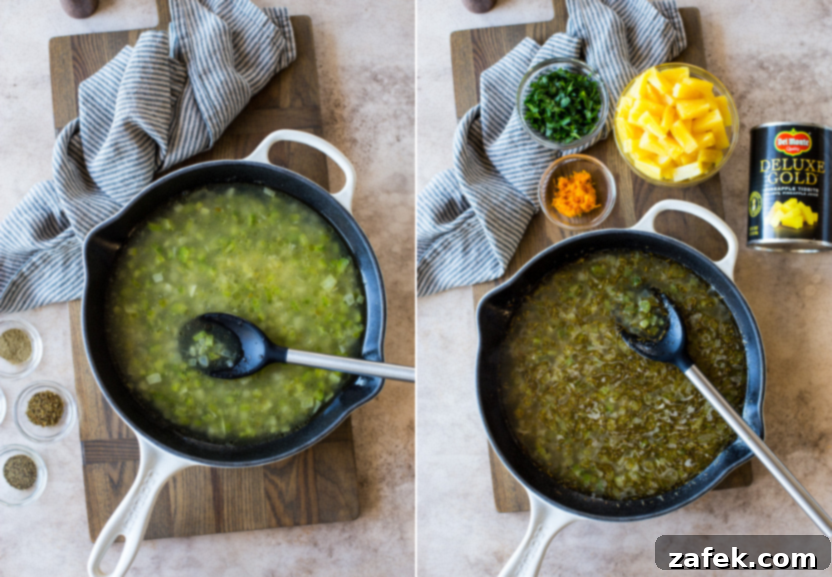 Golden Pineapple Stuffing 7 Diptych image showcasing two stages: on the left, dried herbs and chicken broth being stirred into the sautéed vegetables; on the right, the broth mixture gently simmering in the skillet
