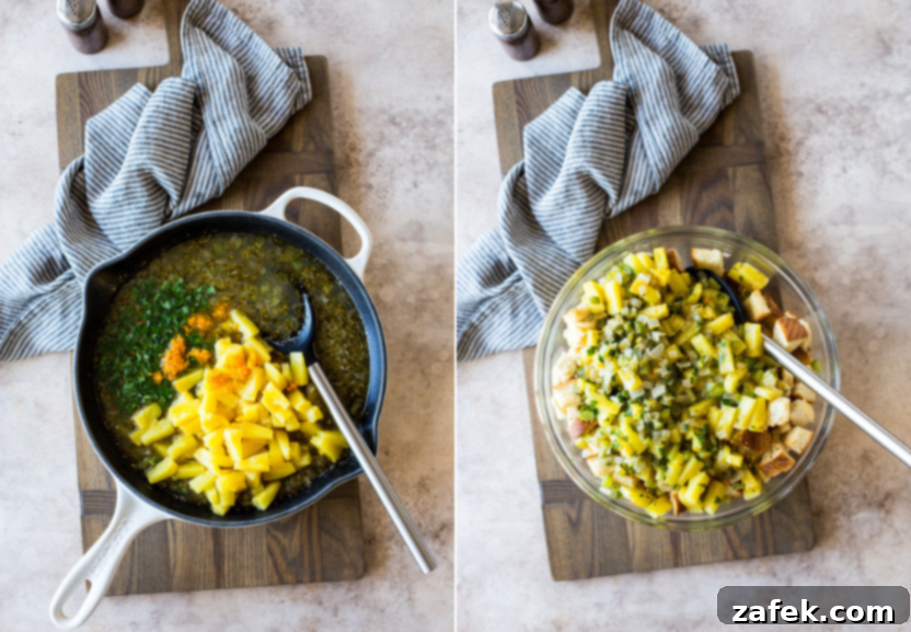 Golden Pineapple Stuffing 8 Diptych image showing: on the left, drained pineapple tidbits, fresh parsley, and orange zest being added to the herb-infused broth mixture; on the right, the entire liquid mixture being gently folded into the toasted Hawaiian bread cubes in a large bowl