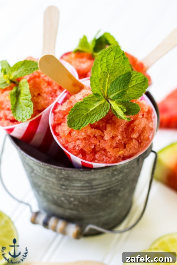 Frozen Watermelon Bliss 4 Three servings of Watermelon Granita garnished with mint