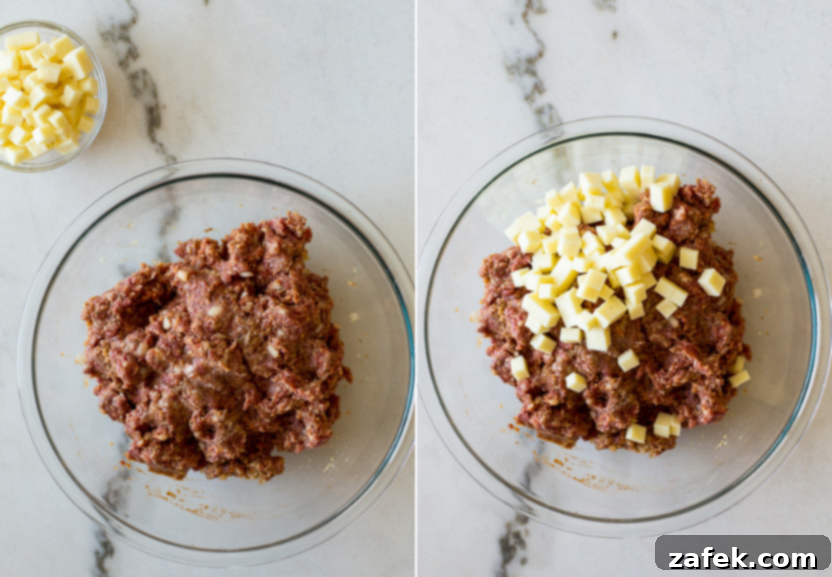 Diptich showing two stages of mixing meatloaf ingredients in a bowl.
