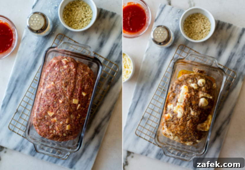 Diptich showing meatloaf mixture with cubed mozzarella being gently folded in.