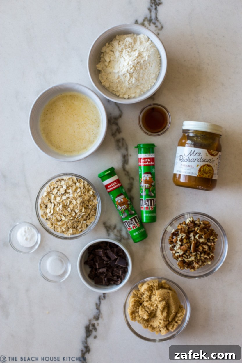 Effortless Carmelita Squares 3 Overhead photo of all the ingredients for easy carmelitas laid out on a surface