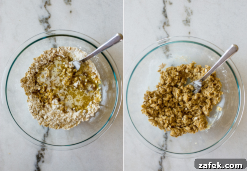 Effortless Carmelita Squares 6 Diptich showing melted butter being added and the crust pressed into the pan