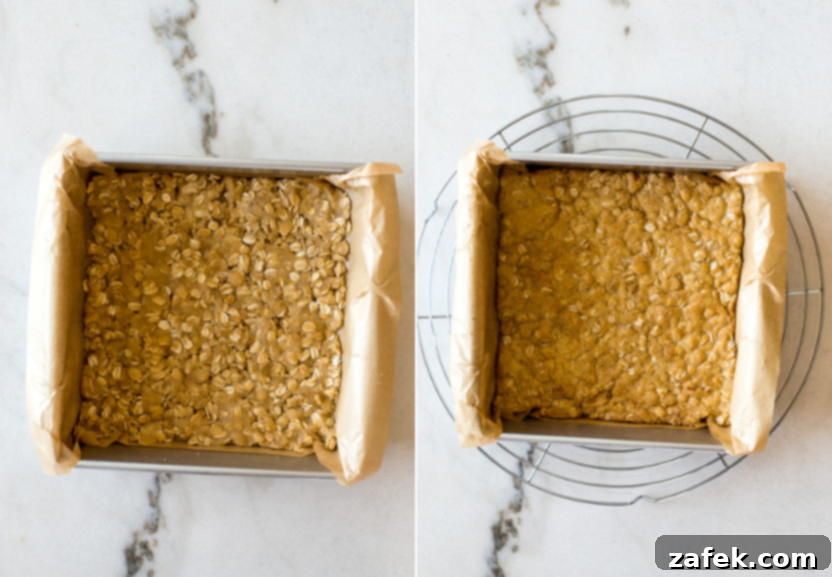 Effortless Carmelita Squares 7 Diptich showing the crust baking and then layers of chocolate, M&Ms, pecans, and caramel being added