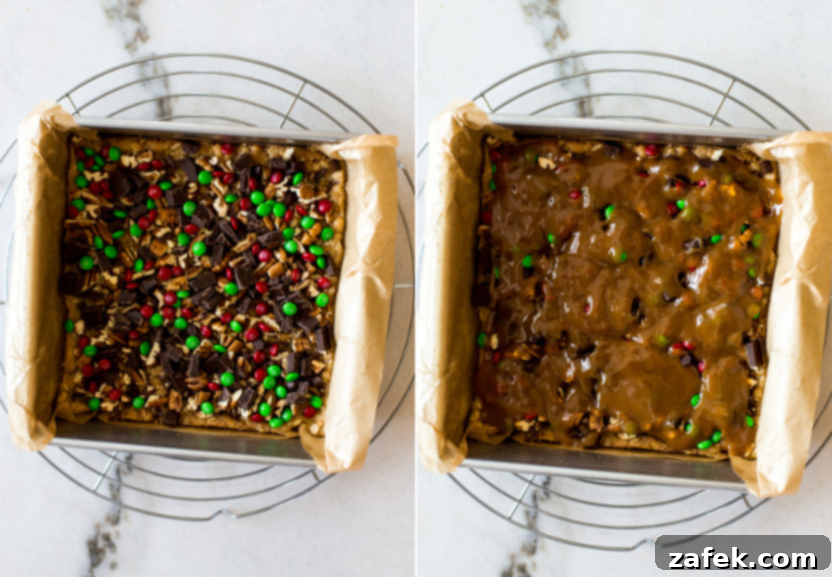 Effortless Carmelita Squares 8 Diptich showing the layers being added and then the final crumble topping