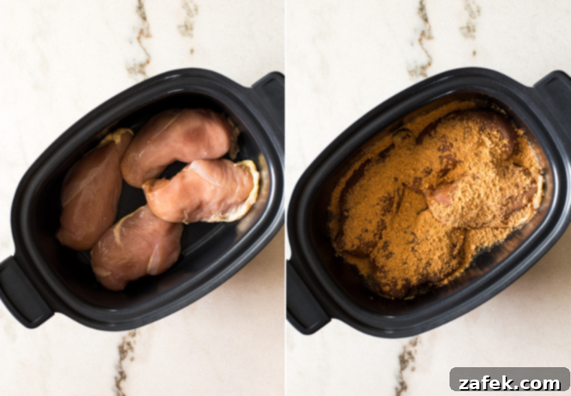 Diptich showing chicken breasts being seasoned in a slow cooker, illustrating the first step of the recipe.