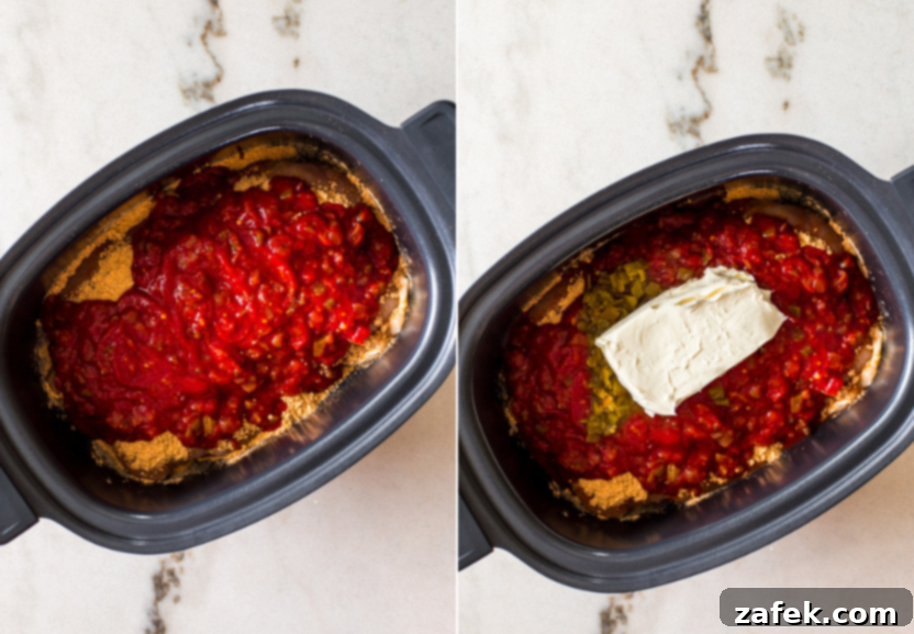 Diptich showing salsa, green chiles, and cream cheese being added over the seasoned chicken in a slow cooker, illustrating the second step.