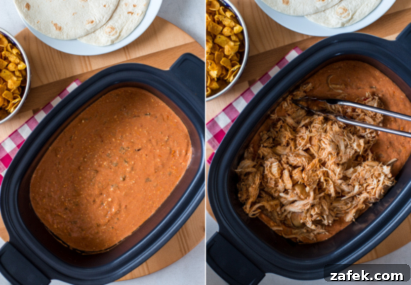 Diptich showing shredded chicken being mixed back into the creamy taco sauce in the slow cooker, illustrating the third step.