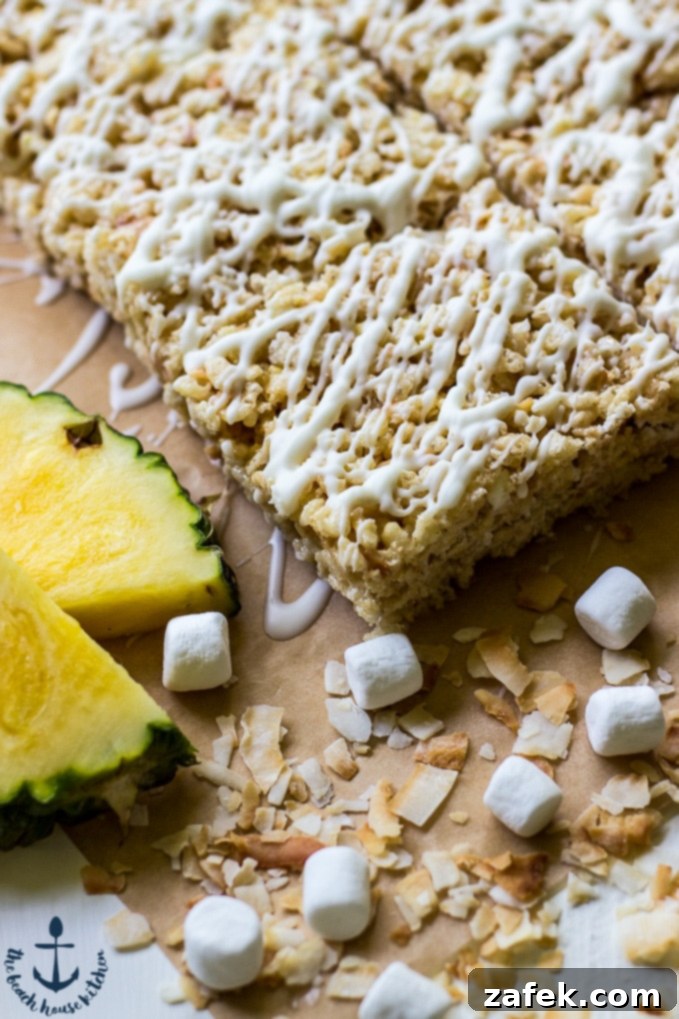 Lush Tropical Rice Krispie Treats with Golden Toasted Coconut and Pineapple Chunks