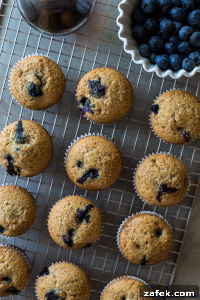 Sweet Maple Blueberry Pancake Muffins 3 Close-up overhead view of freshly baked Maple Blueberry Pancake Muffins cooling on a wire rack, with a small bowl of fresh blueberries nearby