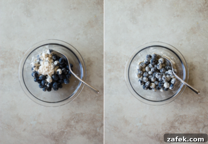Sweet Maple Blueberry Pancake Muffins 6 Diptych showing two steps: one bowl of flour mix and another bowl with blueberries being tossed in flour to prevent sinking