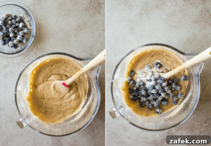Sweet Maple Blueberry Pancake Muffins 8 Diptych showing the process of gradually adding dry ingredients and milk to the wet batter, emphasizing the mixing stages