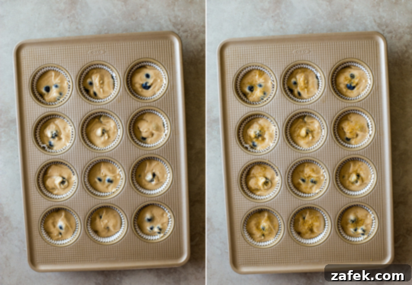 Sweet Maple Blueberry Pancake Muffins 9 Diptych showing fluffy muffin batter with blueberries being scooped into muffin cups, and then baked muffins in a pan with domed tops
