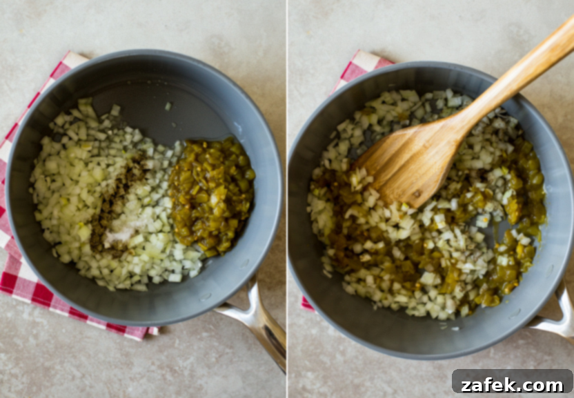Diptych showing two steps of making chicken enchilada filling: left shows sautéed onions and green chiles, right shows the mixture combined with refried beans, cheese, and sauce.