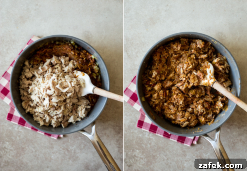 Diptych showing the assembly process of chicken enchiladas: left shows filling being spooned onto a tortilla, right shows rolled enchiladas neatly arranged in a baking dish.