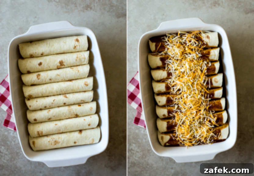 Diptych showing the baked chicken enchiladas: left shows them just out of the oven, bubbly and golden; right shows them garnished with cilantro and ready to be served.