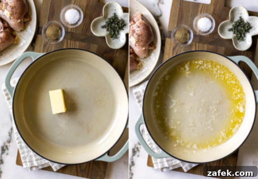 Diptych showing seasoned chicken thighs and butter melting in a skillet, the initial steps of making chicken fricassee.