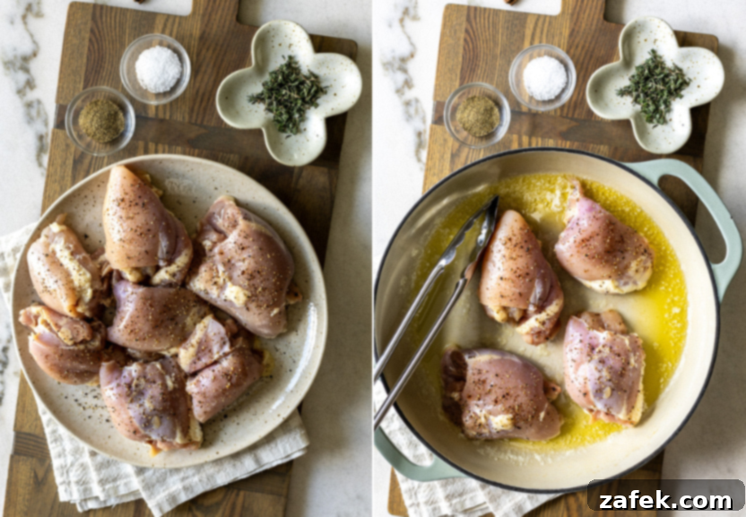 Diptych showing chicken thighs searing in a skillet and then being transferred to a plate after browning, for chicken fricassee.