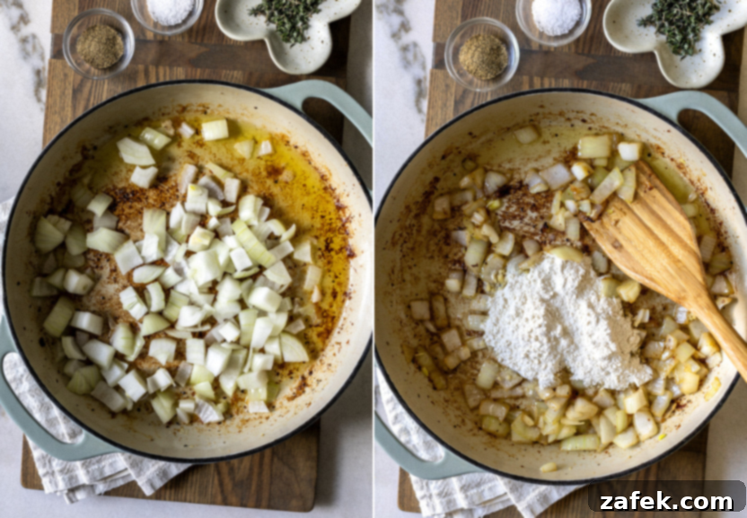 Diptych showing chopped onions sautéing in a skillet and then flour being sprinkled over them, building the base for chicken fricassee.