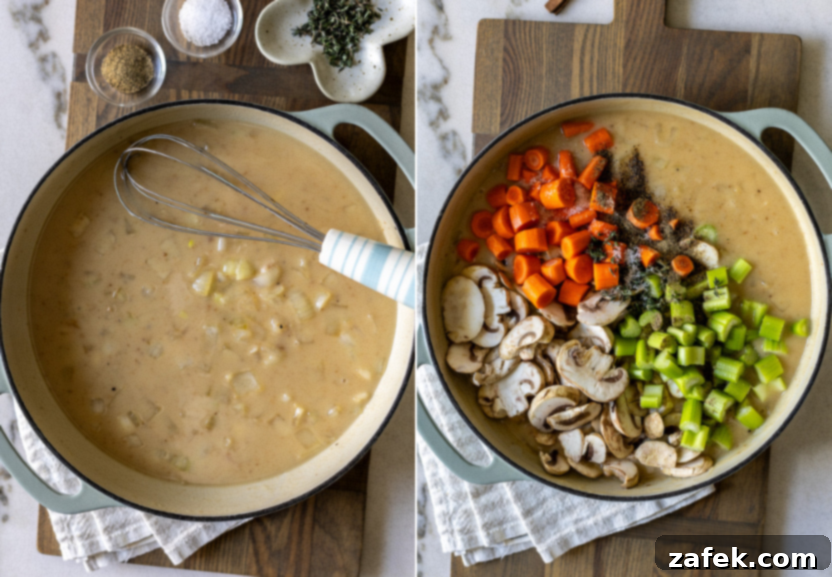 Diptych showing chicken broth being whisked into sautéed onions and flour, followed by mushrooms, carrots, celery, and thyme added to the skillet.