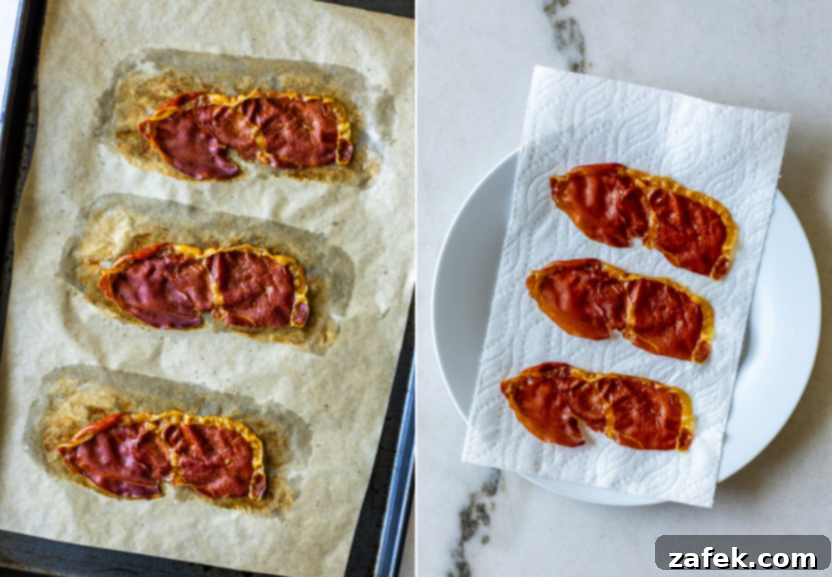 Diptych showing prosciutto slices on a baking sheet before and after baking until crispy