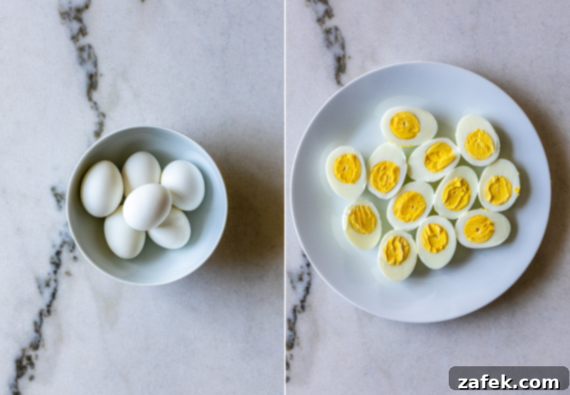 Diptych showing raw eggs in a pot of water and hard-boiled eggs cooling in an ice bath