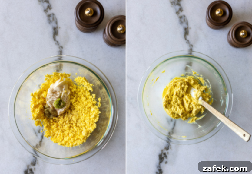 Diptych showing the creamy wasabi yolk filling being spooned into egg whites, and finished deviled eggs being garnished with crispy prosciutto