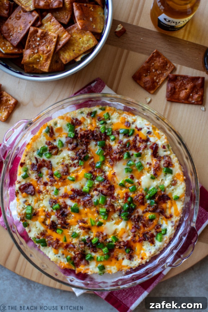 Loaded Jalapeño Popper Dip 2 Up close overhead photo of a jalapeno popper dip, ready to be served
