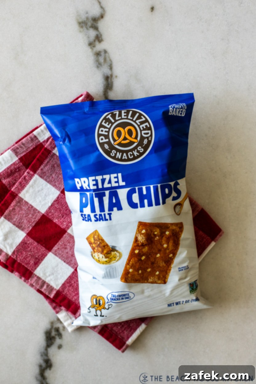 Loaded Jalapeño Popper Dip 3 Up close overhead photo of a bag of pretzel pita chips