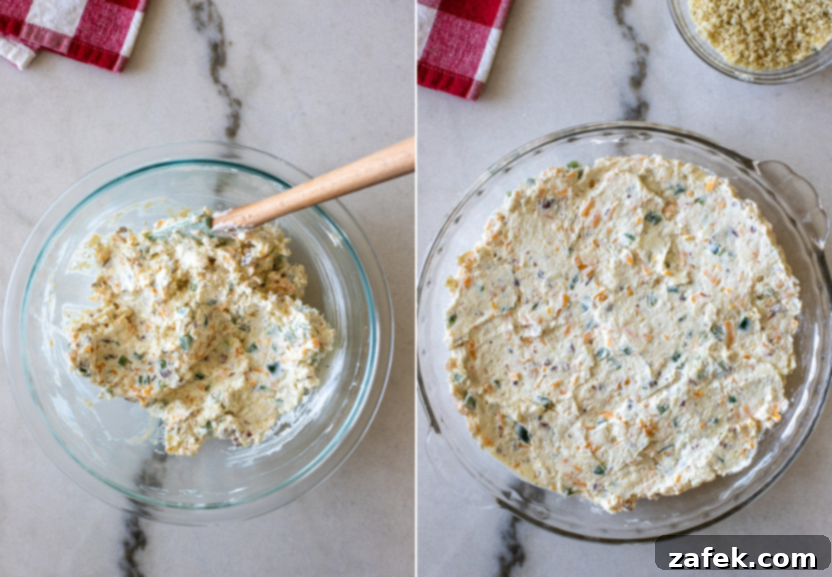 Loaded Jalapeño Popper Dip 6 Diptich showing mixing and spreading the dip