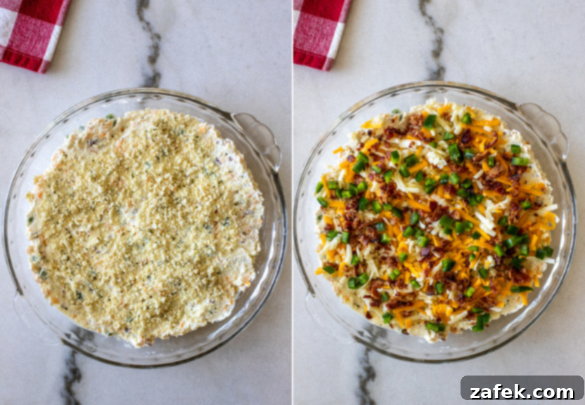 Loaded Jalapeño Popper Dip 7 Diptich showing topping and baked dip