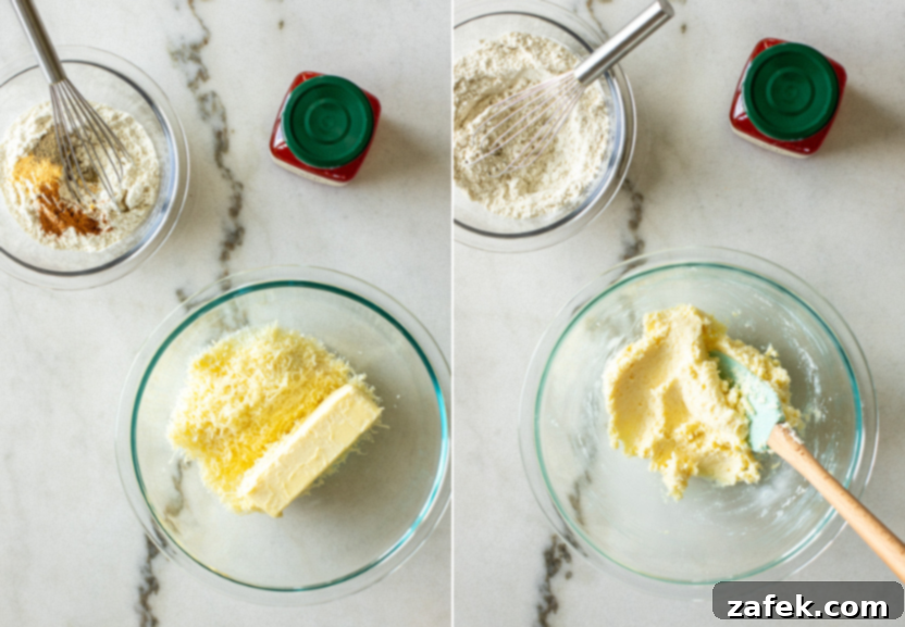Diptych showing the process of mixing butter and cheese, then adding flour and spices to form the dough.